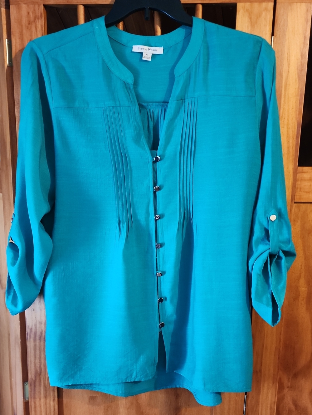 Studio Works GREEN Button-Front Pintuck Blouse